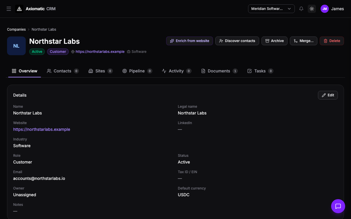 CRM — company record with contacts, activity, and deal context in TripleBooks