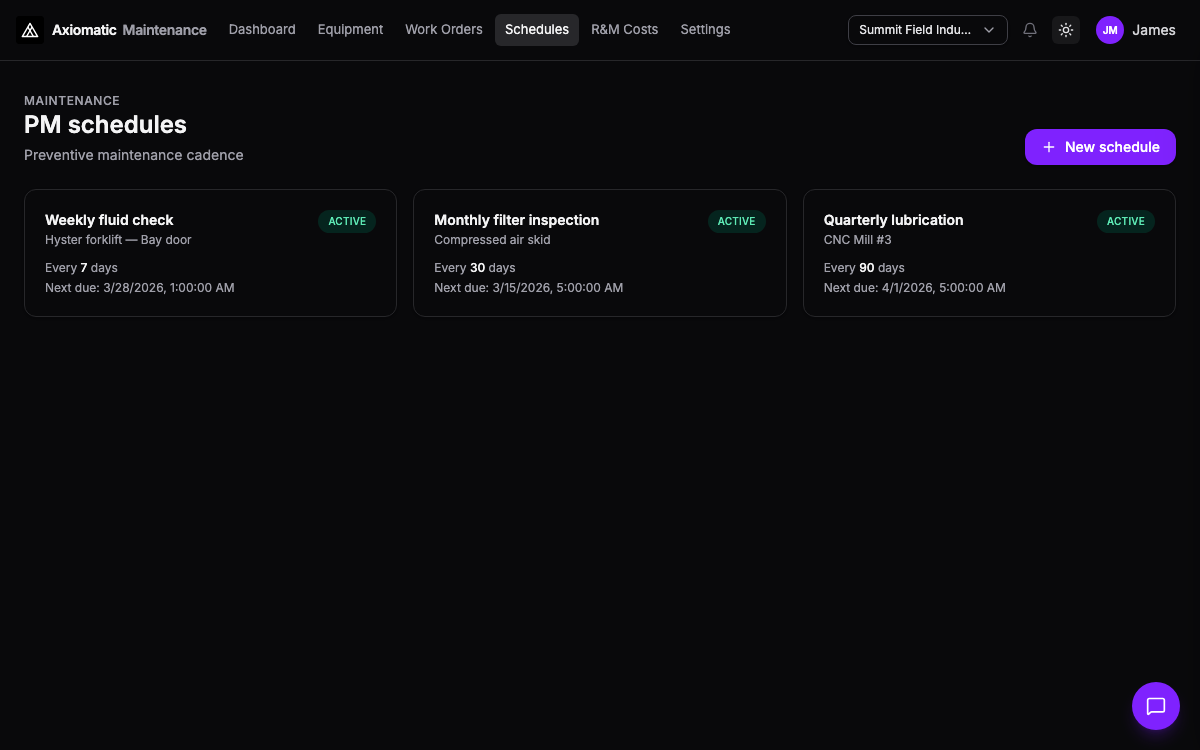Maintenance — preventive schedules and PM calendar in TripleBooks