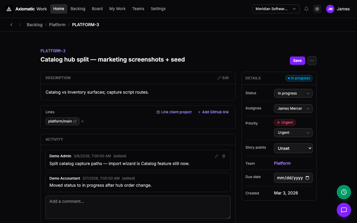 Backlog — issue detail with activity thread, priority, and external links in TripleBooks