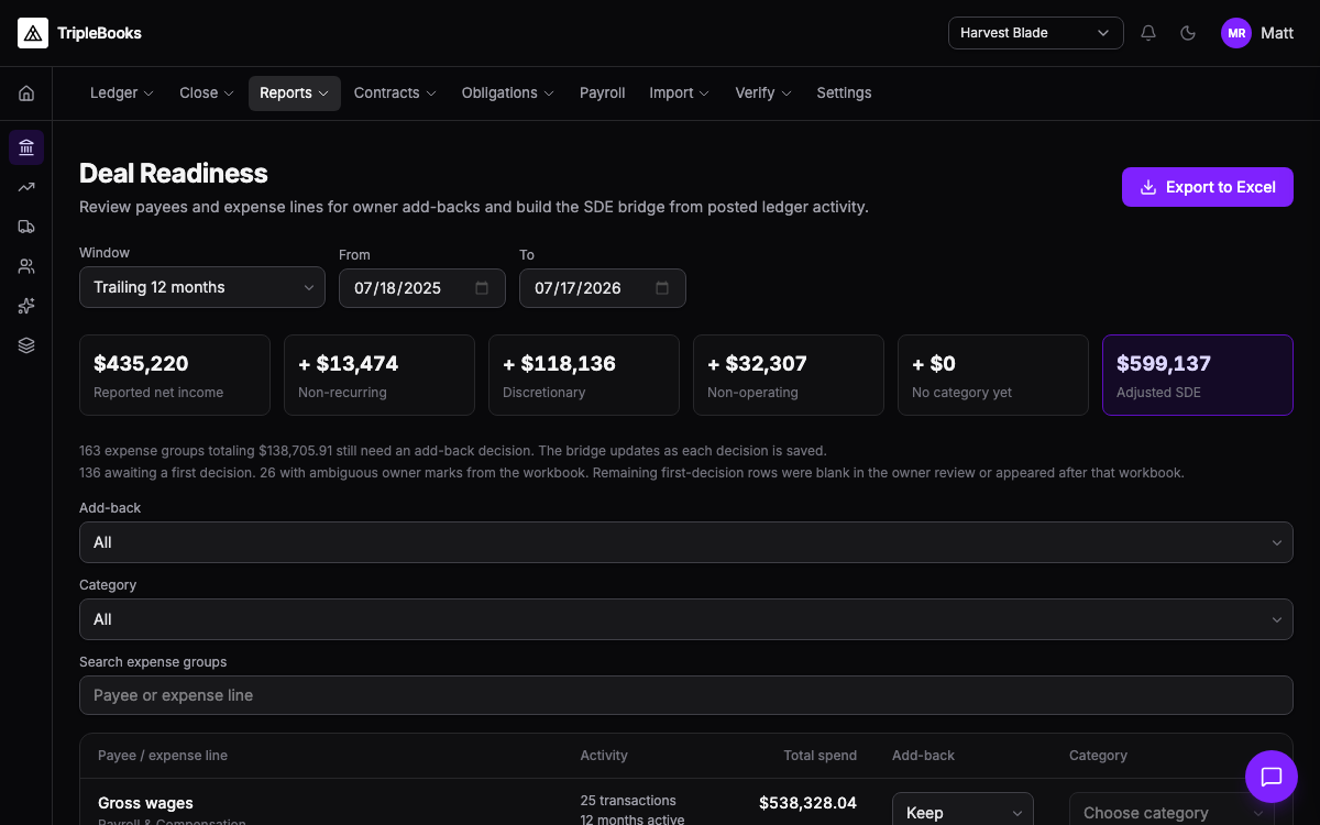 Deal readiness — SDE bridge with vendor add-back review and adjusted seller discretionary earnings in TripleBooks